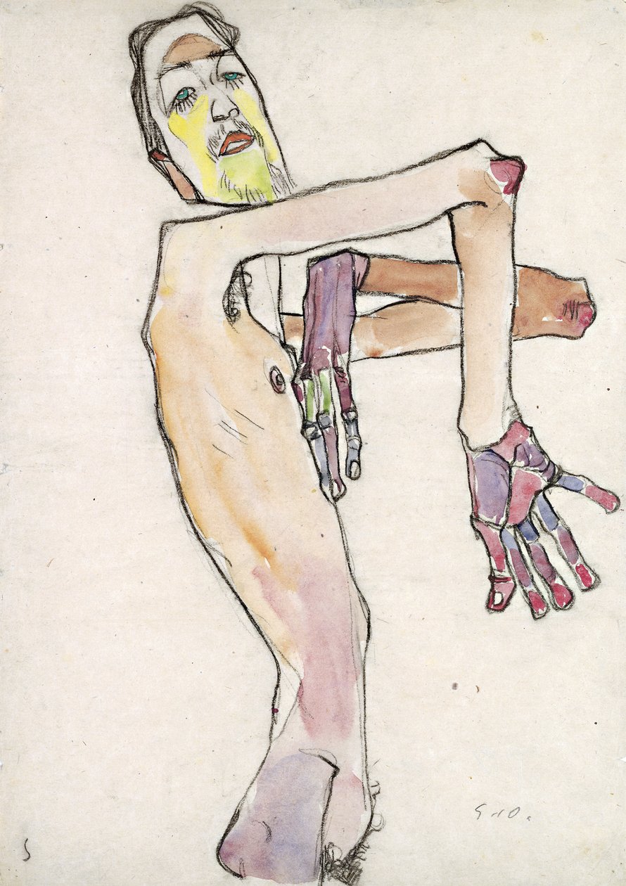 Erwin Dominik Osen (1891-1970) jako akt se zkříženýma rukama par Schiele, Egon (1890-1918). Černá křída, akvarel na papíře, rozměr : 44,7x31,5 od Egon Schiele
