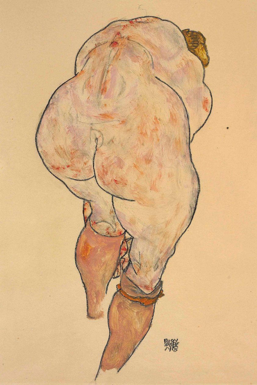 Ženský akt stahující punčochy, pohled zezadu, 1918. od Egon Schiele