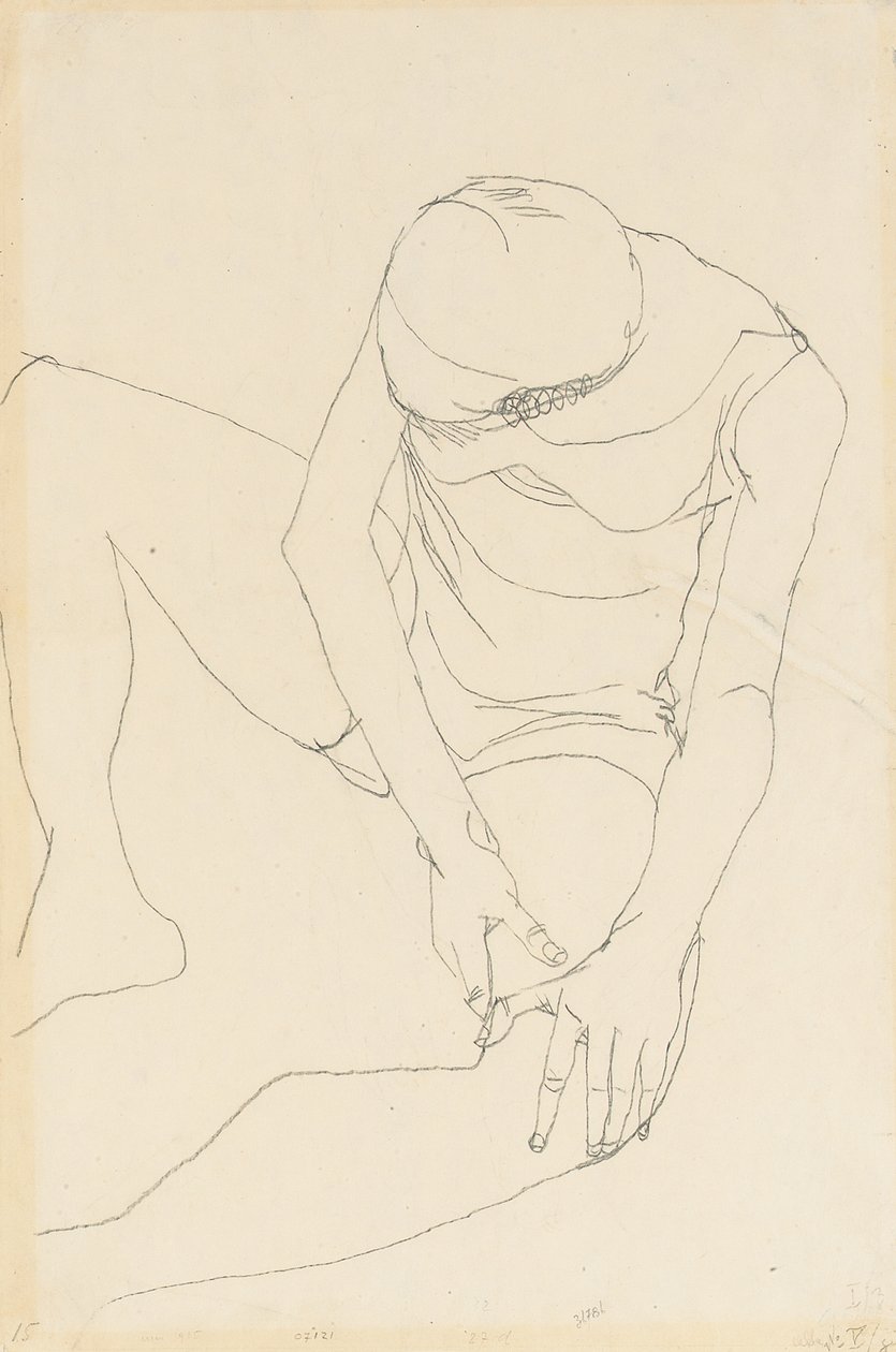 Ženský akt ohnutý dopředu, obě ruce na levém stehně, 1913 od Egon Schiele