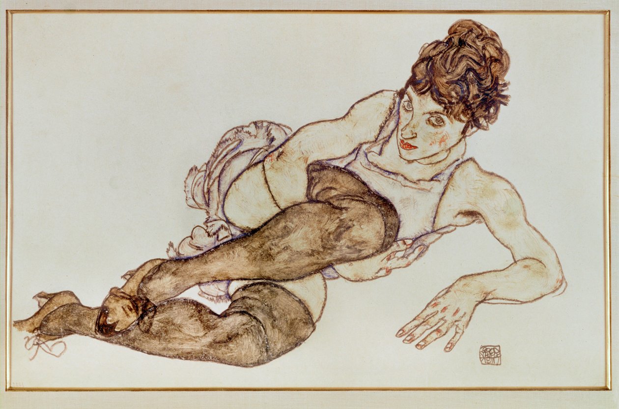 Žena s hnědými punčochami - Žena ... (kvaš a černá pastelka) od Egon Schiele
