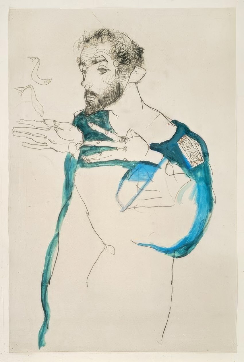 Gustav Klimt ve své modré pracovní haleně od Egon Schiele