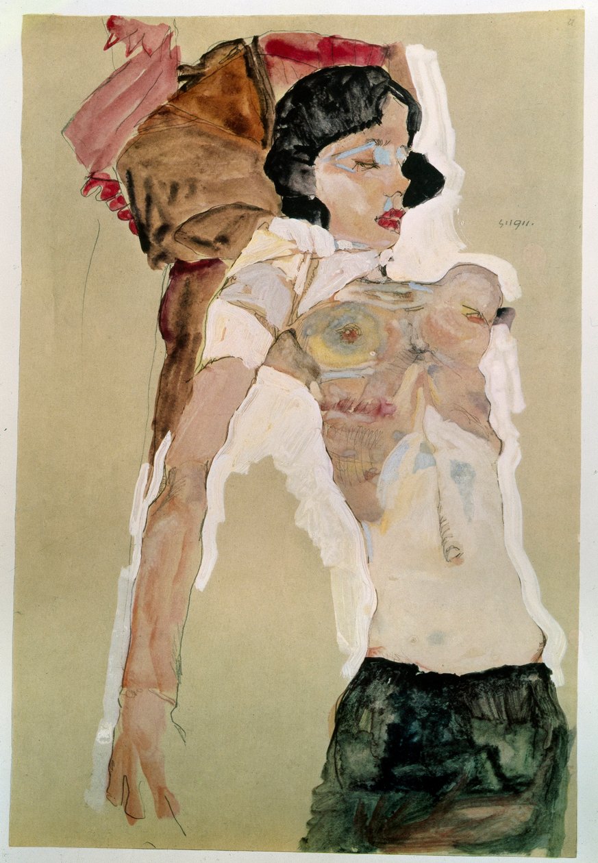 Polonahá žena. Kresba Egona Schieleho (1890-1918), 1911 tužka a akvarel na papíře. Rozměr: 45,9 x 31,1 cm. Vídeň, Graphische Sammlung Albertina od Egon Schiele