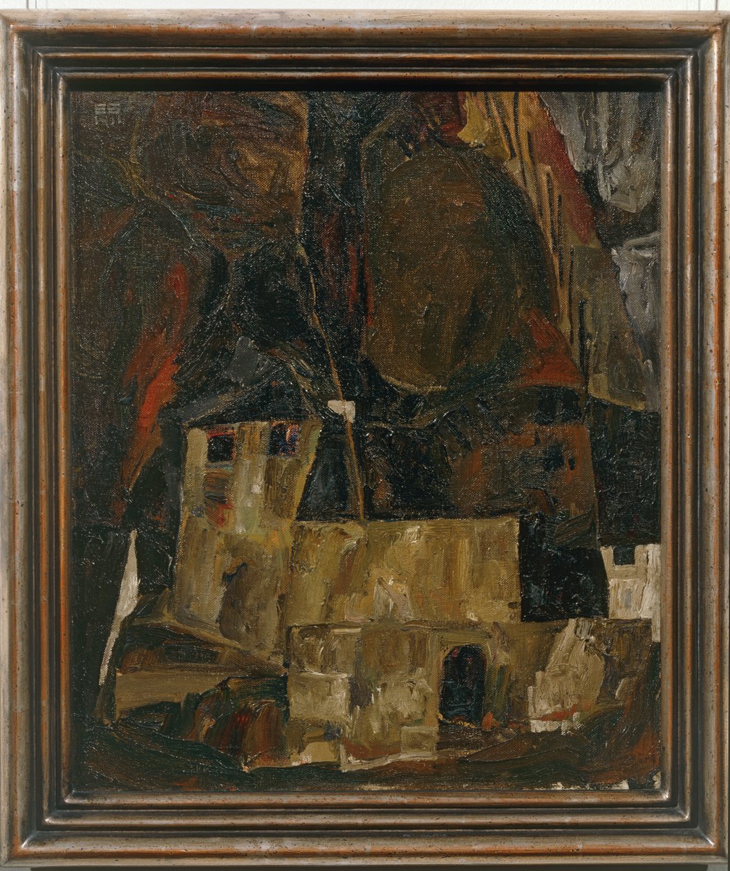 Haus und Mauer vor hügeligem Gelände - Dům a zeď před kopcovitou krajinou ... od Egon Schiele