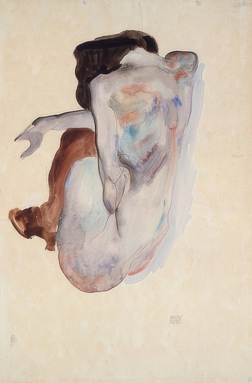 Přikrčený akt s botami a černými punčochami, pohled zezadu. 1912 od Egon Schiele