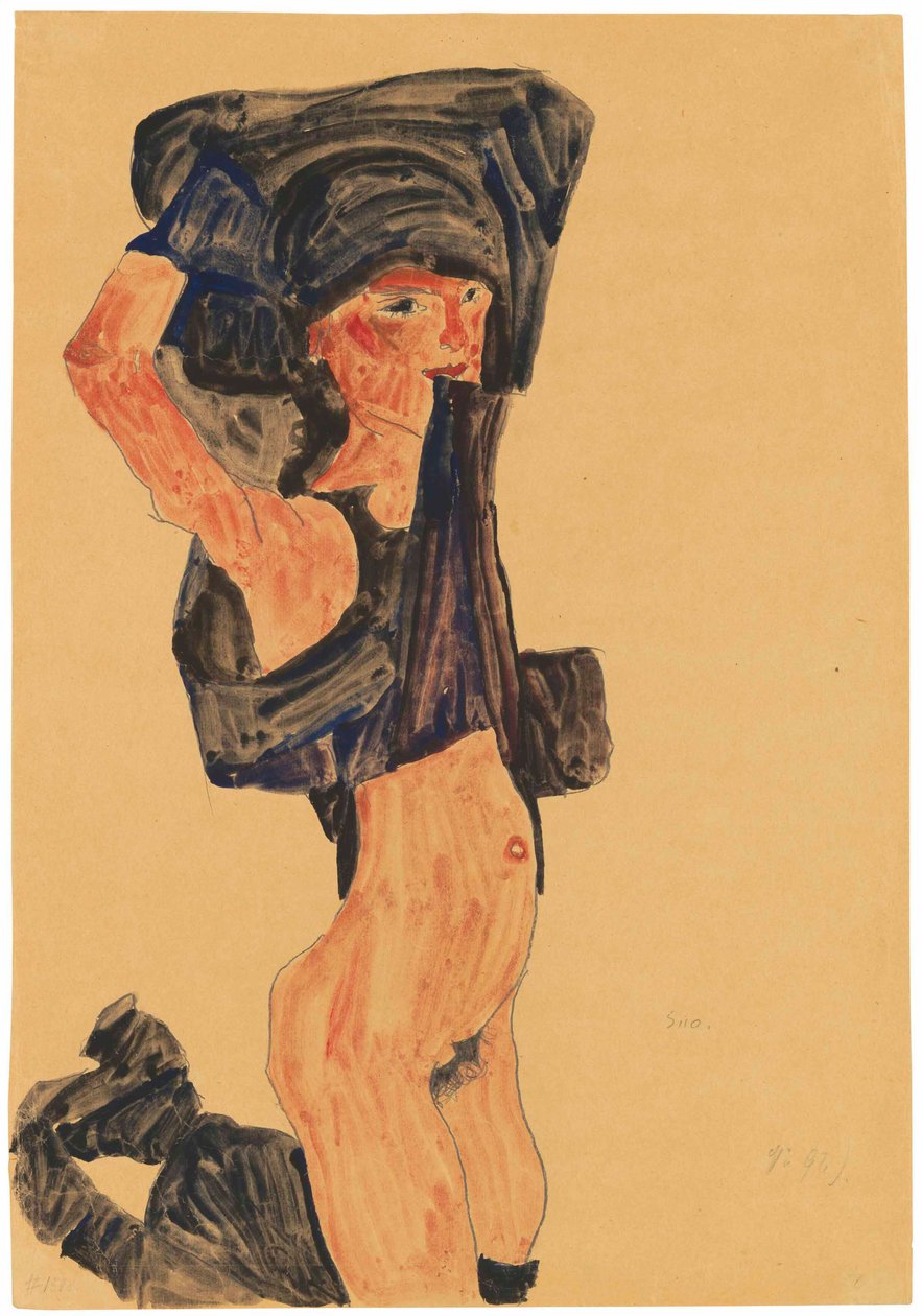 Klečící dívka přetahující si sukni přes hlavu, 1910. od Egon Schiele