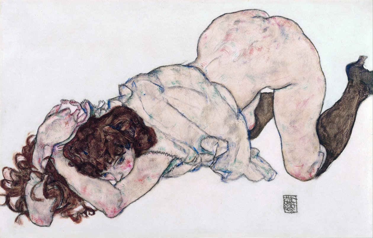 Klečící dívka, spočívající na obou loktech - Schiele, Egon (1890-1918) - 1917 - Černá křída, Kvaš na papíře - 28,7x44,3 - Leopold Museum, Vídeň od Egon Schiele