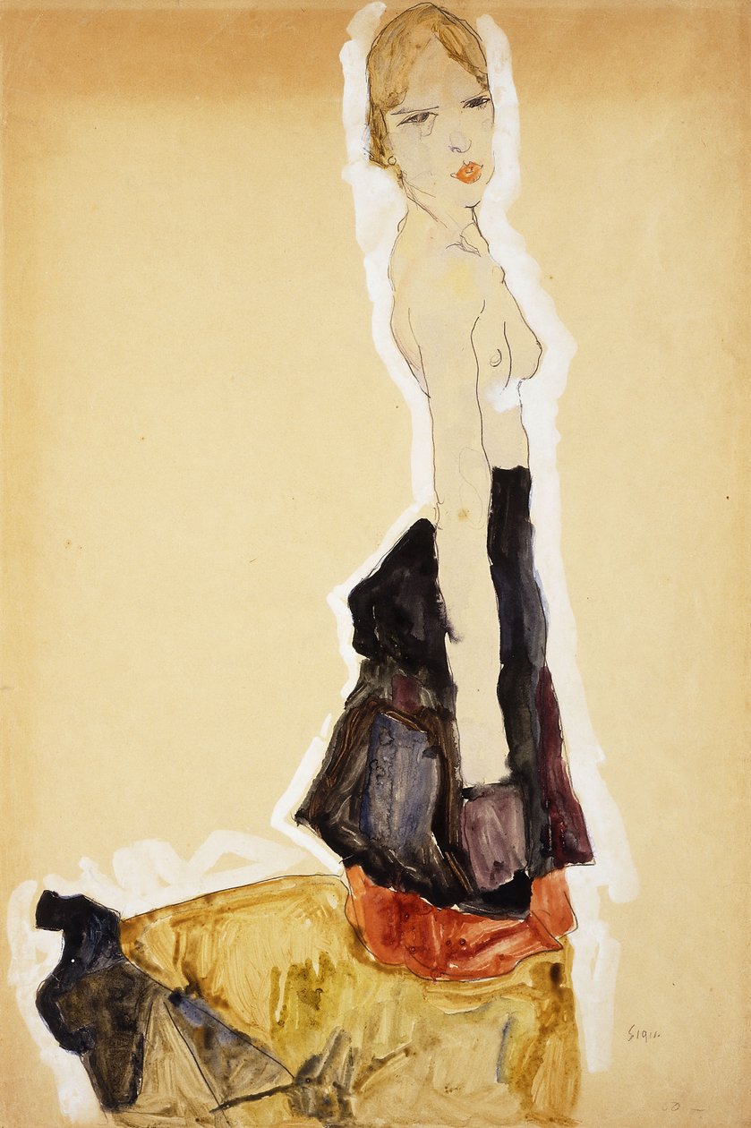 Klečící dívka se španělskou sukní; Klečící dívka se španělskou sukní, 1911 od Egon Schiele