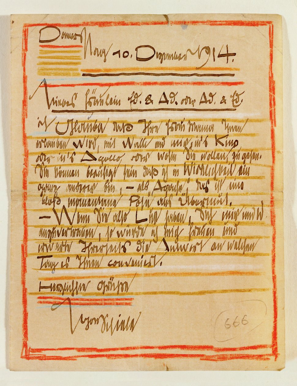 Umělecky ztvárněný dopis Egona Schieleho sestrám Edith a Adele Harmsovým s datem 10... (tuš, barevné pastelky) od Egon Schiele