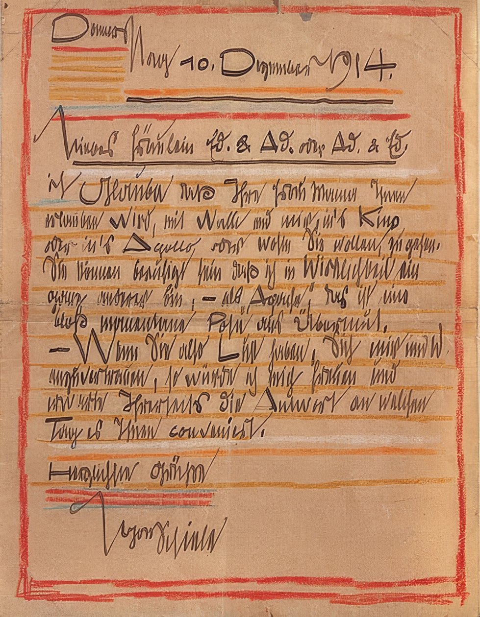 Umělecky navržený dopis Egona Schieleho sestrám Edith a Adele Harmsovým ze dne 10. prosince 1914 od Egon Schiele