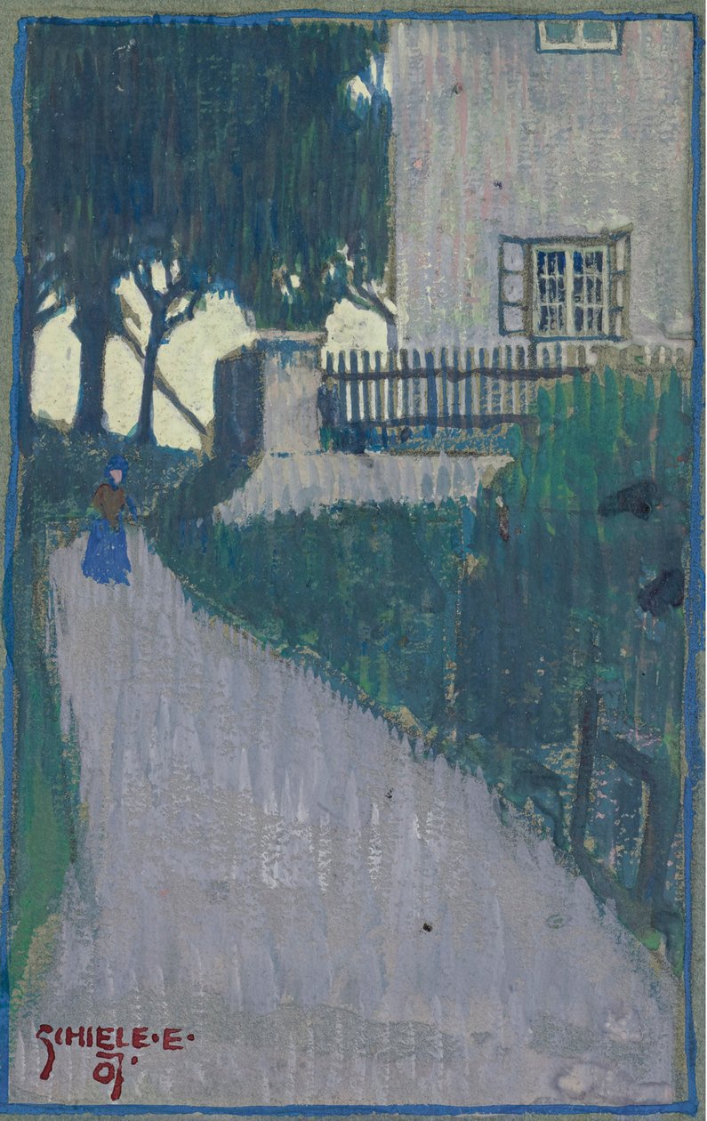 Krajina s domem, stromy a ženskou postavou par Schiele, Egon (1890-1918) od Egon Schiele