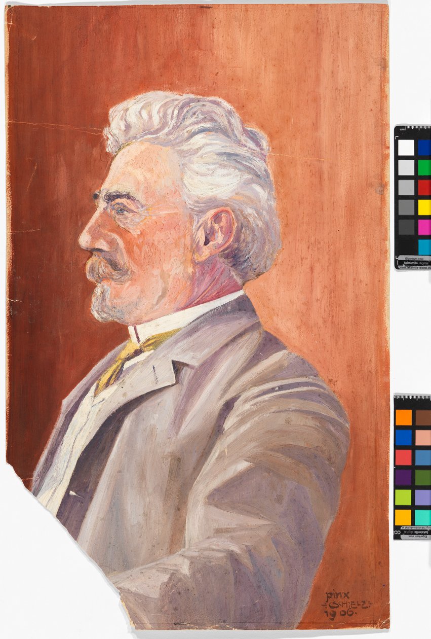 Profil Leopolda Czihaczka na červeném pozadí od Egon Schiele