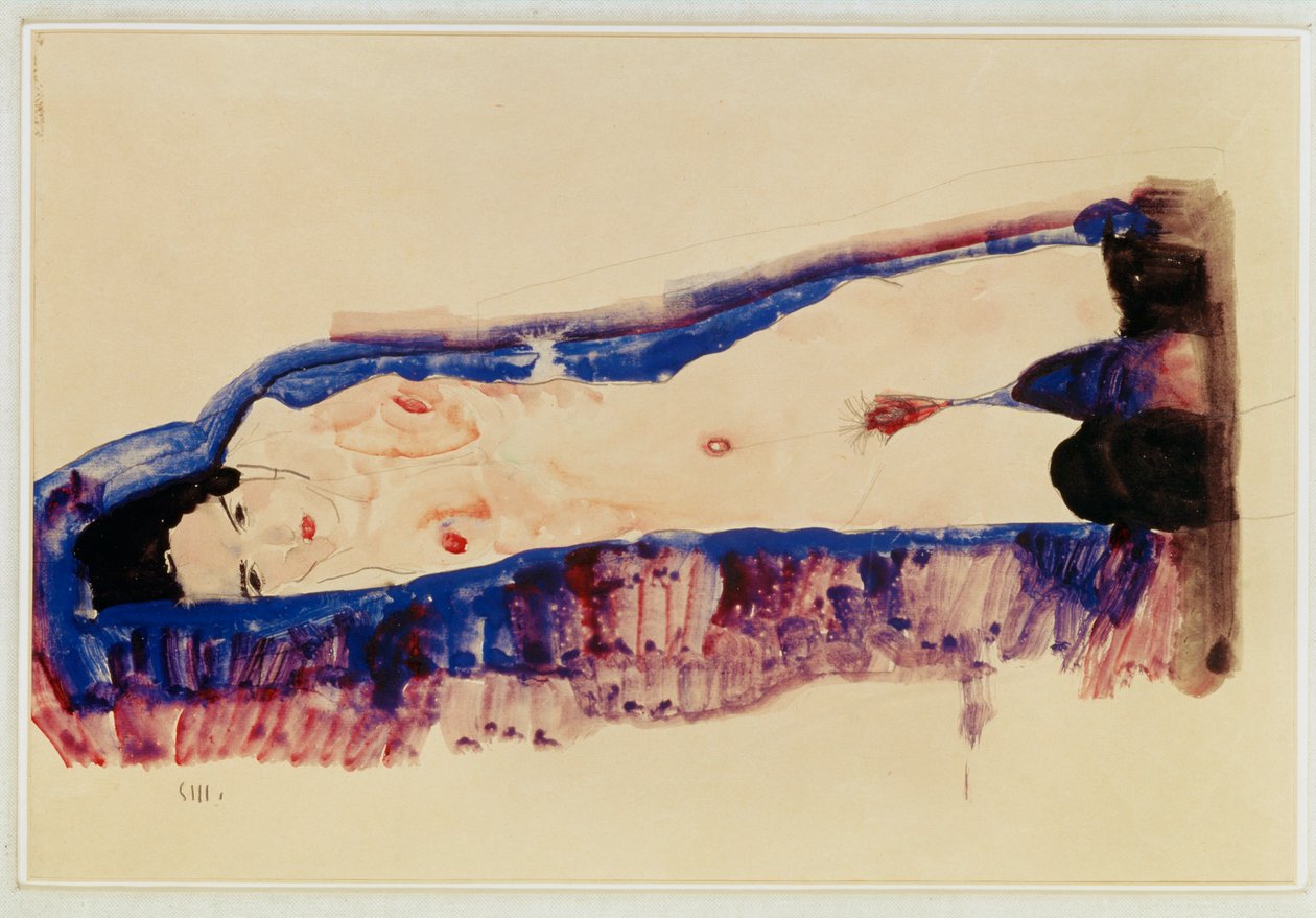 Ležící akt v černých punčochách ... (akvarel a tužka) od Egon Schiele