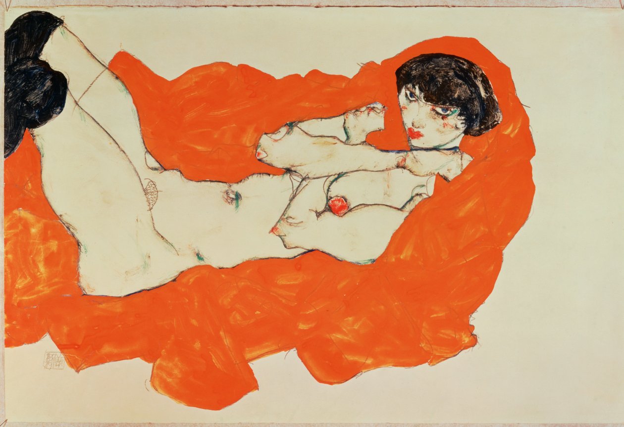 Ležící ženský akt na červené látce - Ležící ... (kvaš a černá pastelka) od Egon Schiele