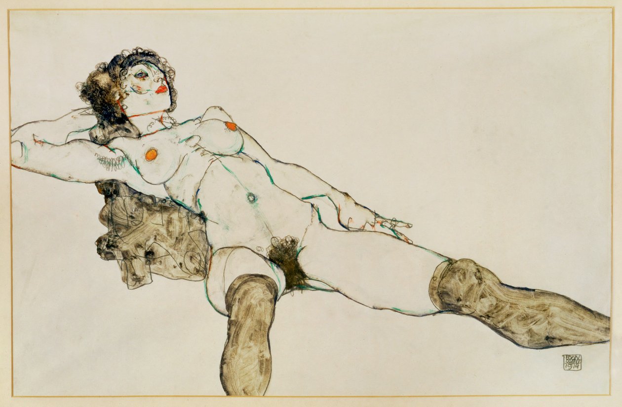 Ležící ženský akt s roztaženýma nohama ... (kvaš a tužka) od Egon Schiele