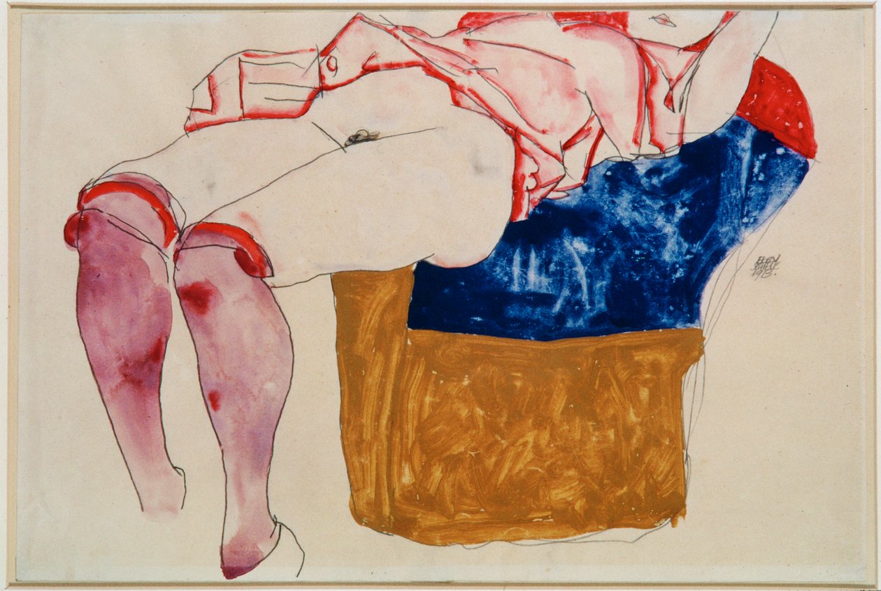 Ležící dívka s fialovými punčochami [Reclining ... (kvaš, akvarel a tužka) od Egon Schiele