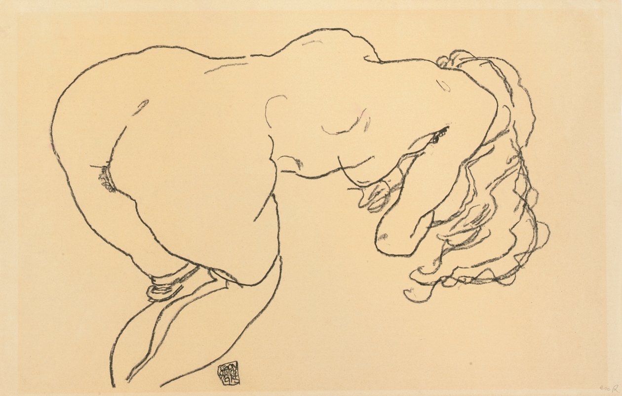 Dlouhosrstý akt, nakloněný dopředu, pohled zezadu; Langhaariger Akt, vornubergebeugt, Ruckenansicht, 1918 od Egon Schiele