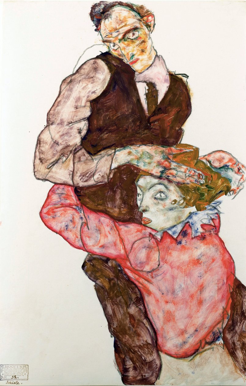 Milenci - Schiele, Egon (1890-1918) - 1914-1915 - Černá křída, Kvaš na papíře - 47,4x30,5 - Leopold Museum, Vídeň od Egon Schiele