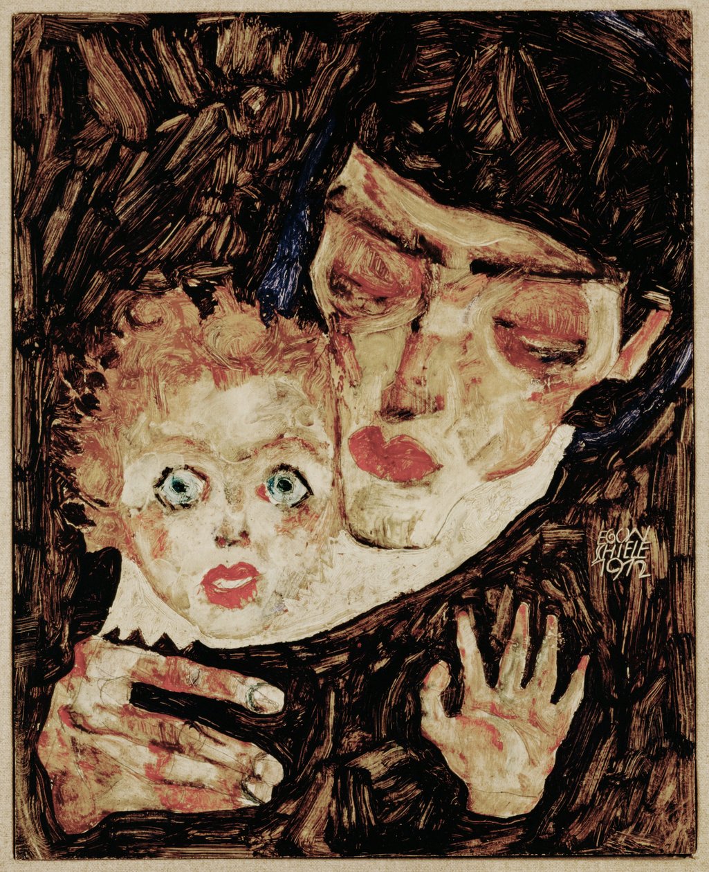 Mutter und Kind II (olej na dřevě) od Egon Schiele