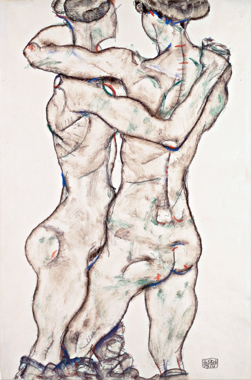 Objímající se nahé dívky - Schiele, Egon (1890-1918) - 1914 - Černá křída, kvaš na papíře - 48x31,2 - Leopold Museum, Vídeň od Egon Schiele