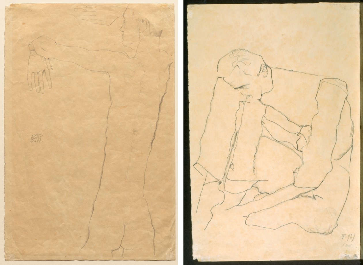 Nahý muž se zdviženýma rukama (obrácený) Sedící muž (verze) od Egon Schiele