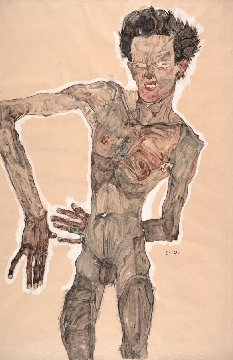 Nahý autoportrét, grimasa od Egon Schiele