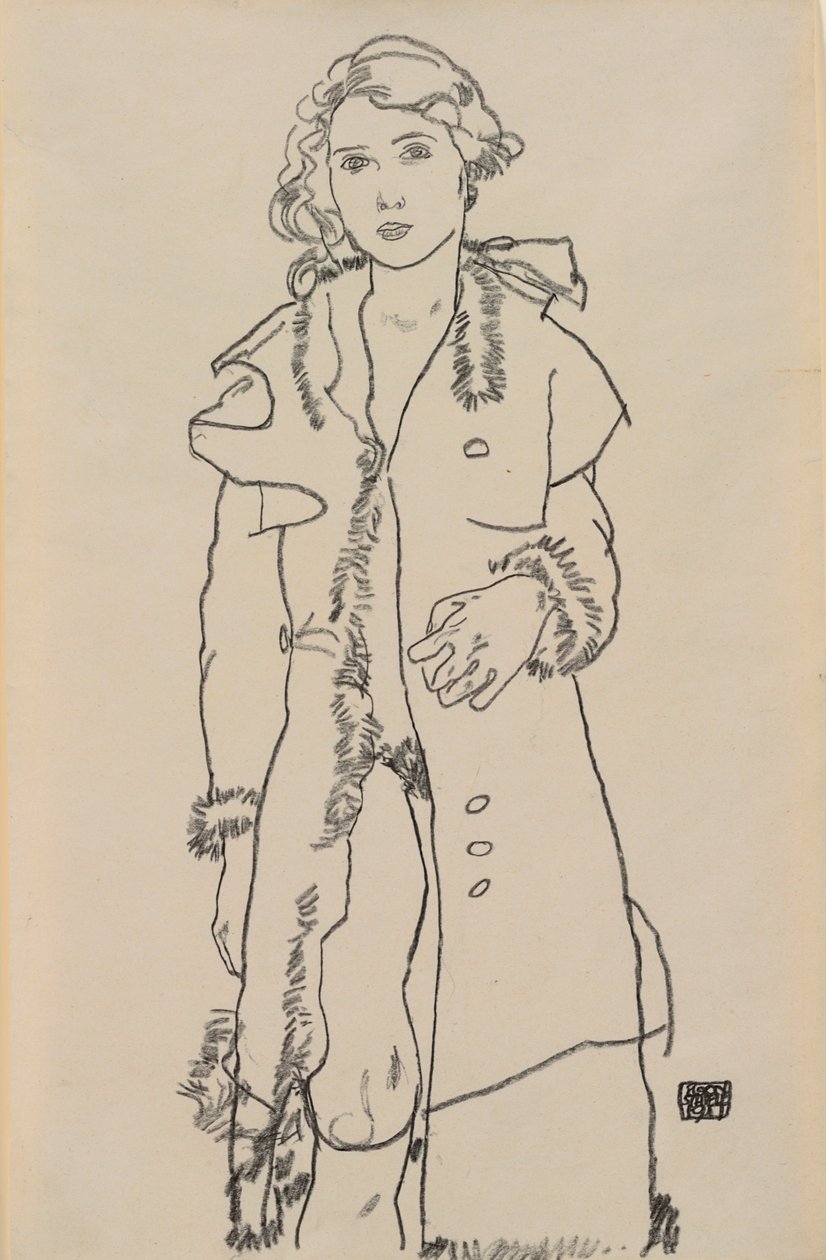 Nahá s kožichem zastřiženým kabátem; Nahá dívka s kožešinovým lemovaným kabátem, 1917 od Egon Schiele