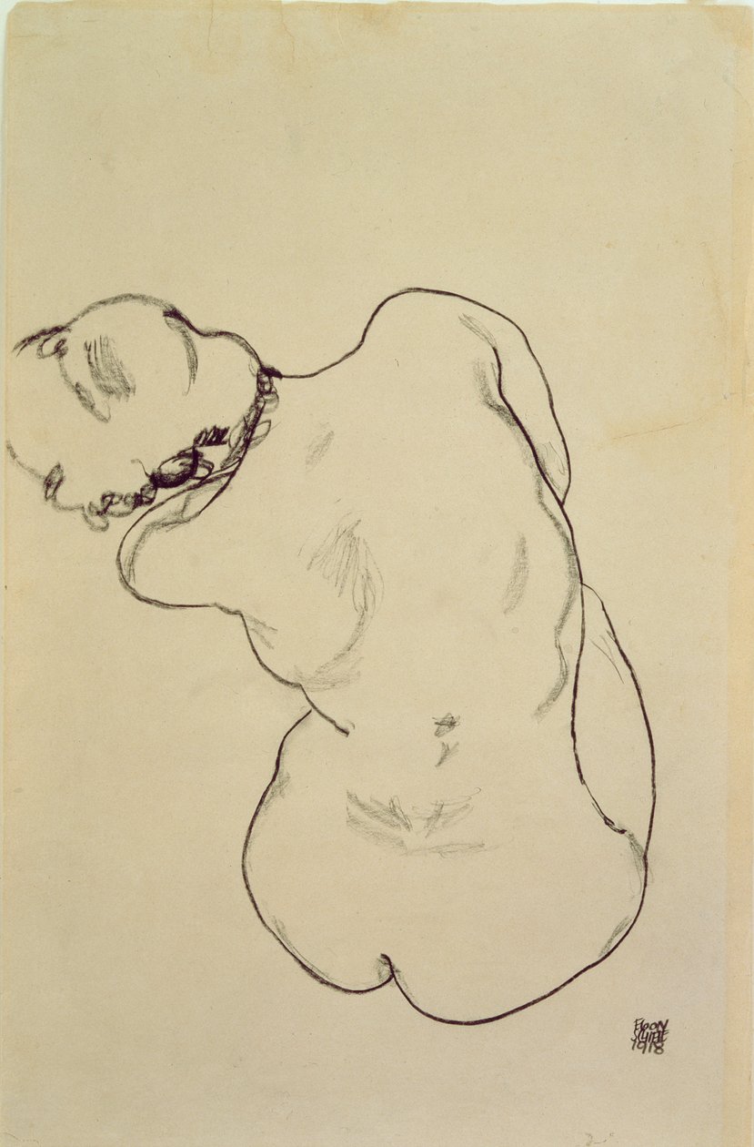 Ležící akt - pohled zezadu, 1918 (černá pastelka na papíře) od Egon Schiele
