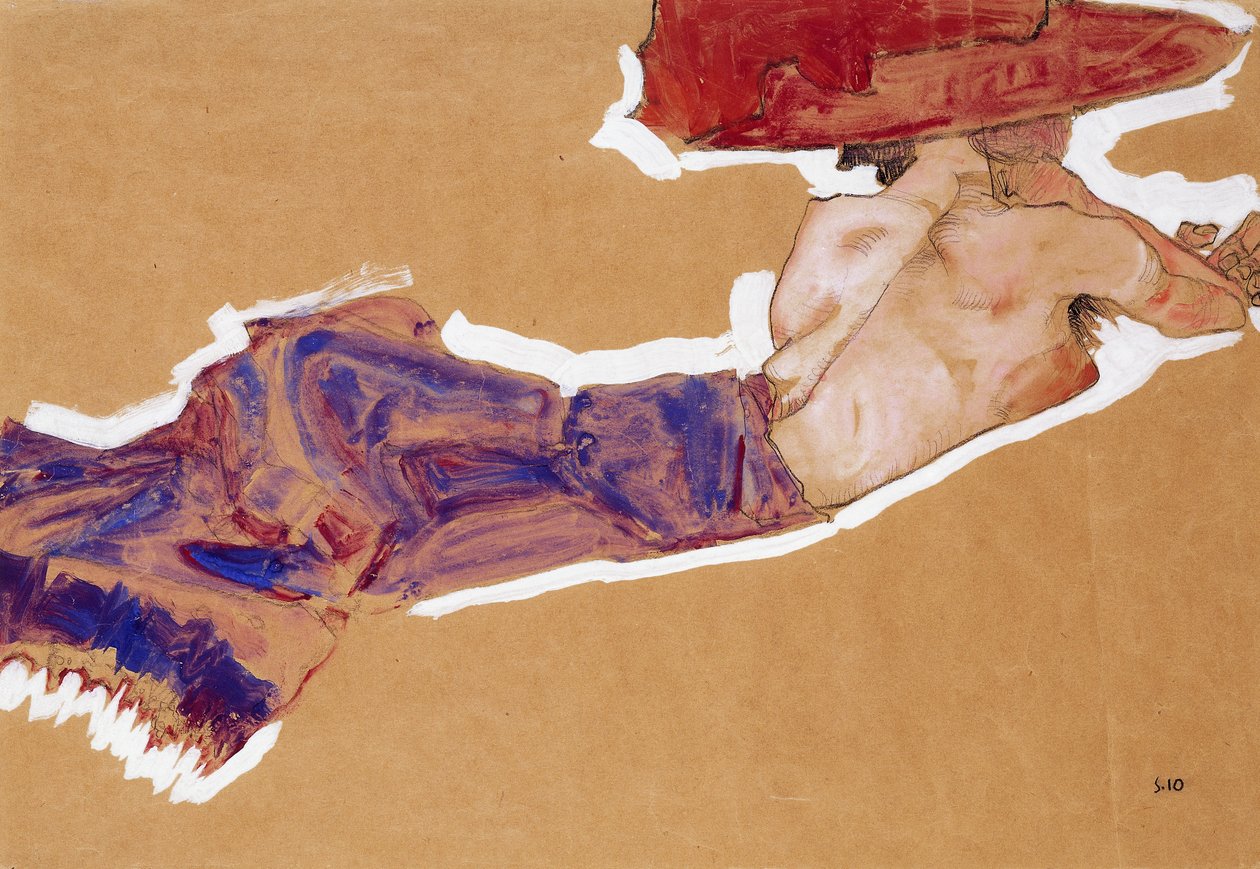 Ležící poloakt s červeným kloboukem, 1910 od Egon Schiele