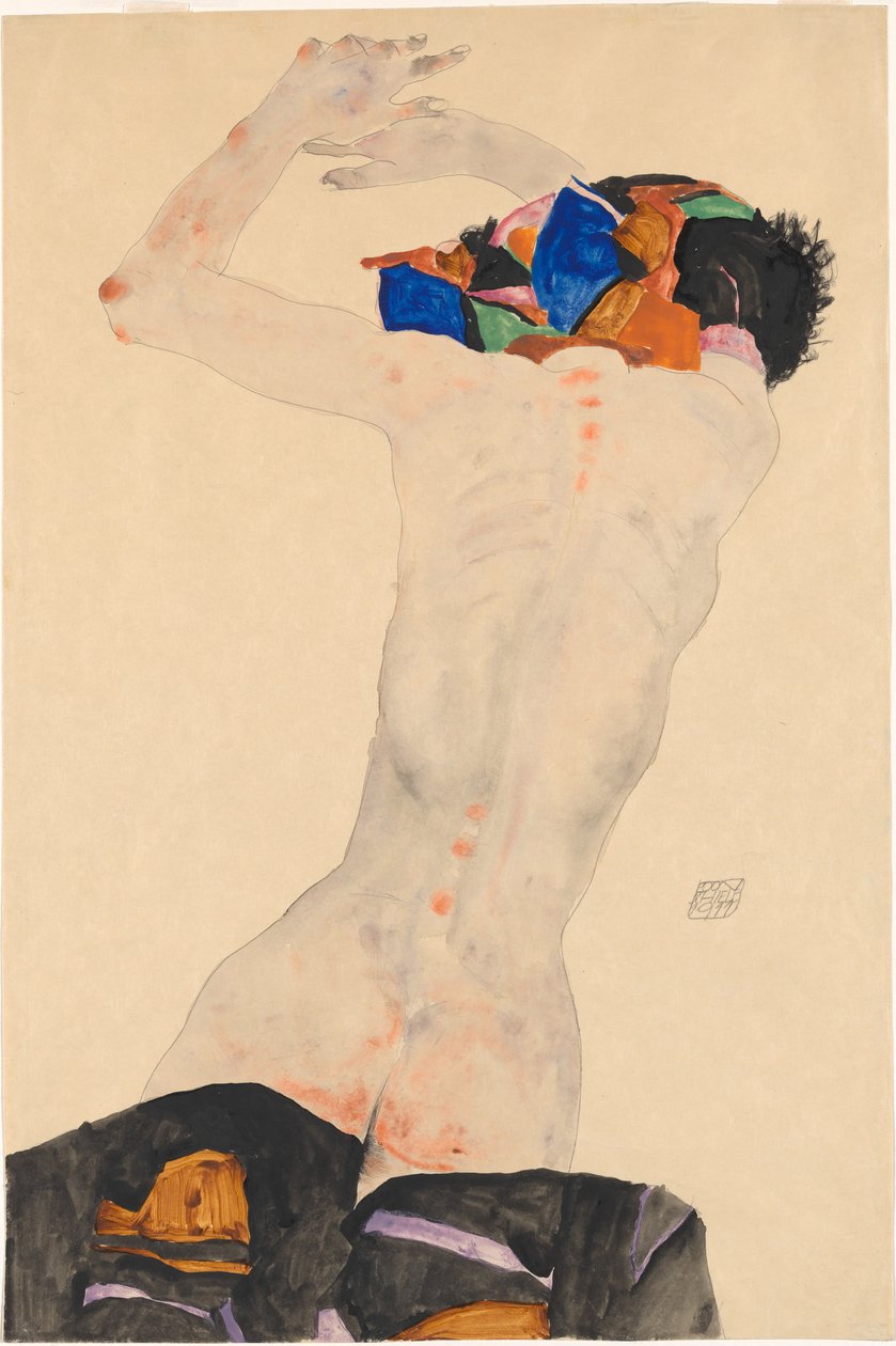 Rückenakt mit buntem Tuch Nude zezadu s barevným hadříkem, 1911. od Egon Schiele