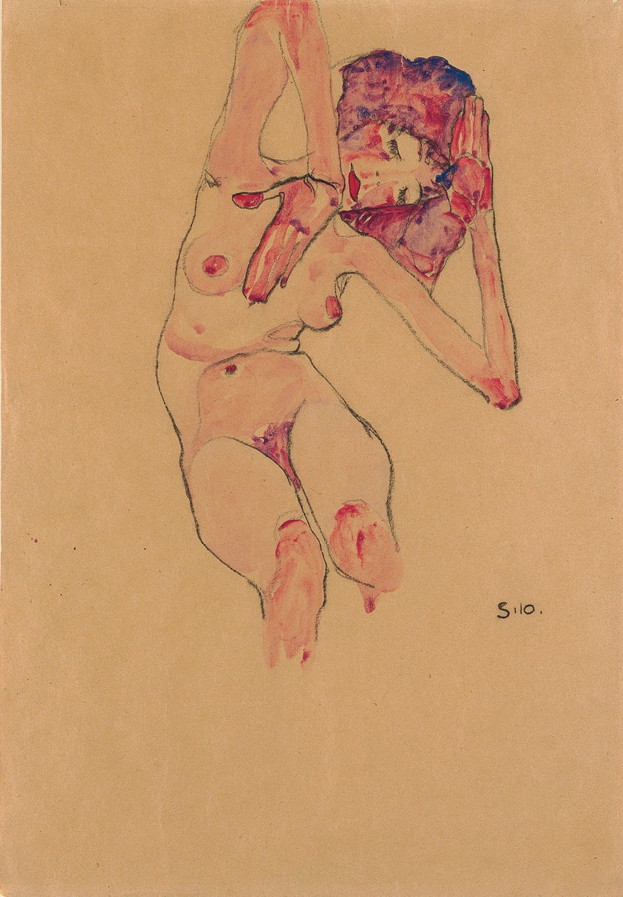 Sedící ženský akt se skloněnou hlavou a zvednutými pažemi; Sedící akt se skloněnou hlavou a zvednutými pažemi, 1910 od Egon Schiele