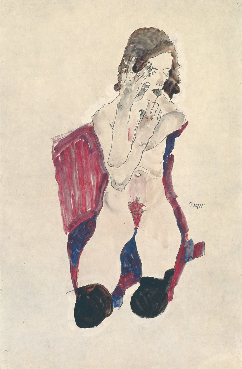Sedící dívka s černými punčochami a sepjatýma rukama; Sedící dívka s černými punčochami a zdviženýma rukama, 1911 od Egon Schiele