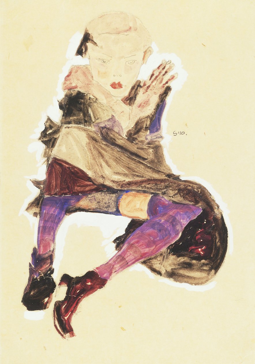 Sedící dívka s pruhovanými punčochami; Sedící dívka s pruhovanými punčochami, 1910 od Egon Schiele