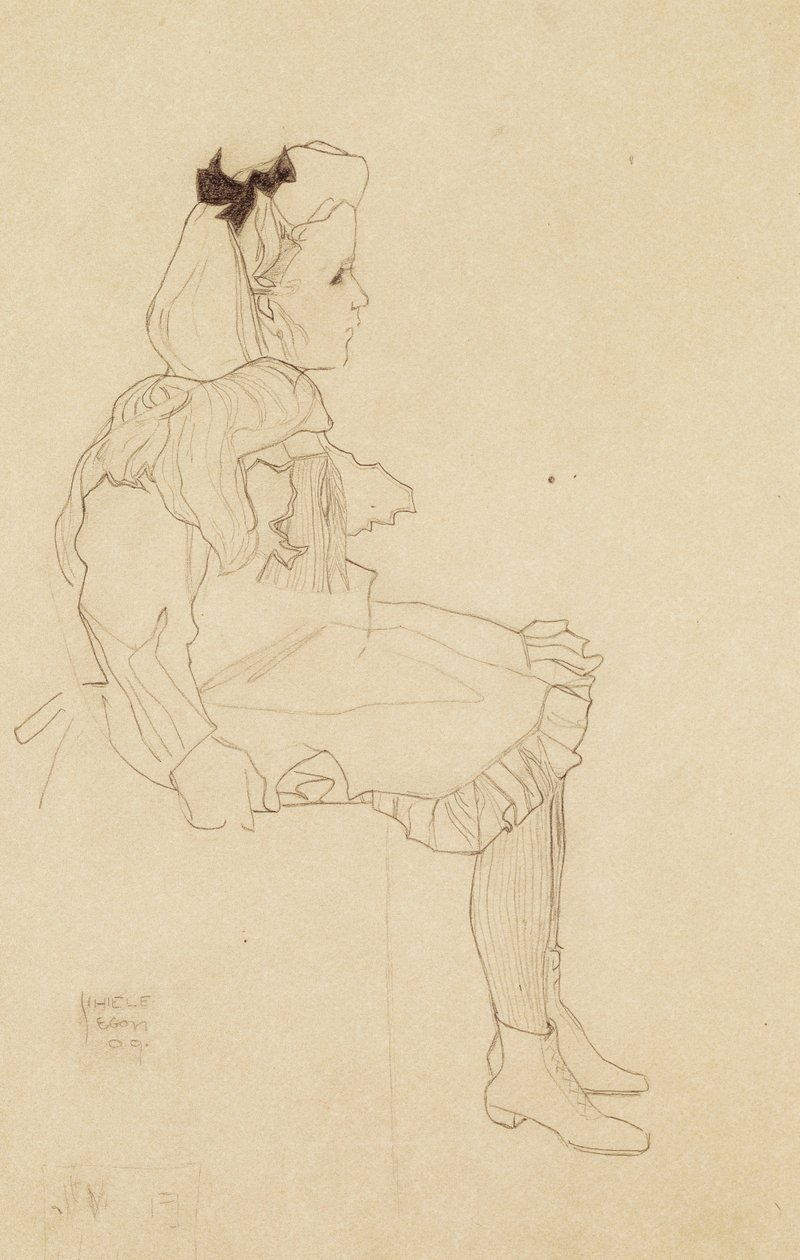 Sedící dívka s mašlí ve vlasech, 1909 od Egon Schiele