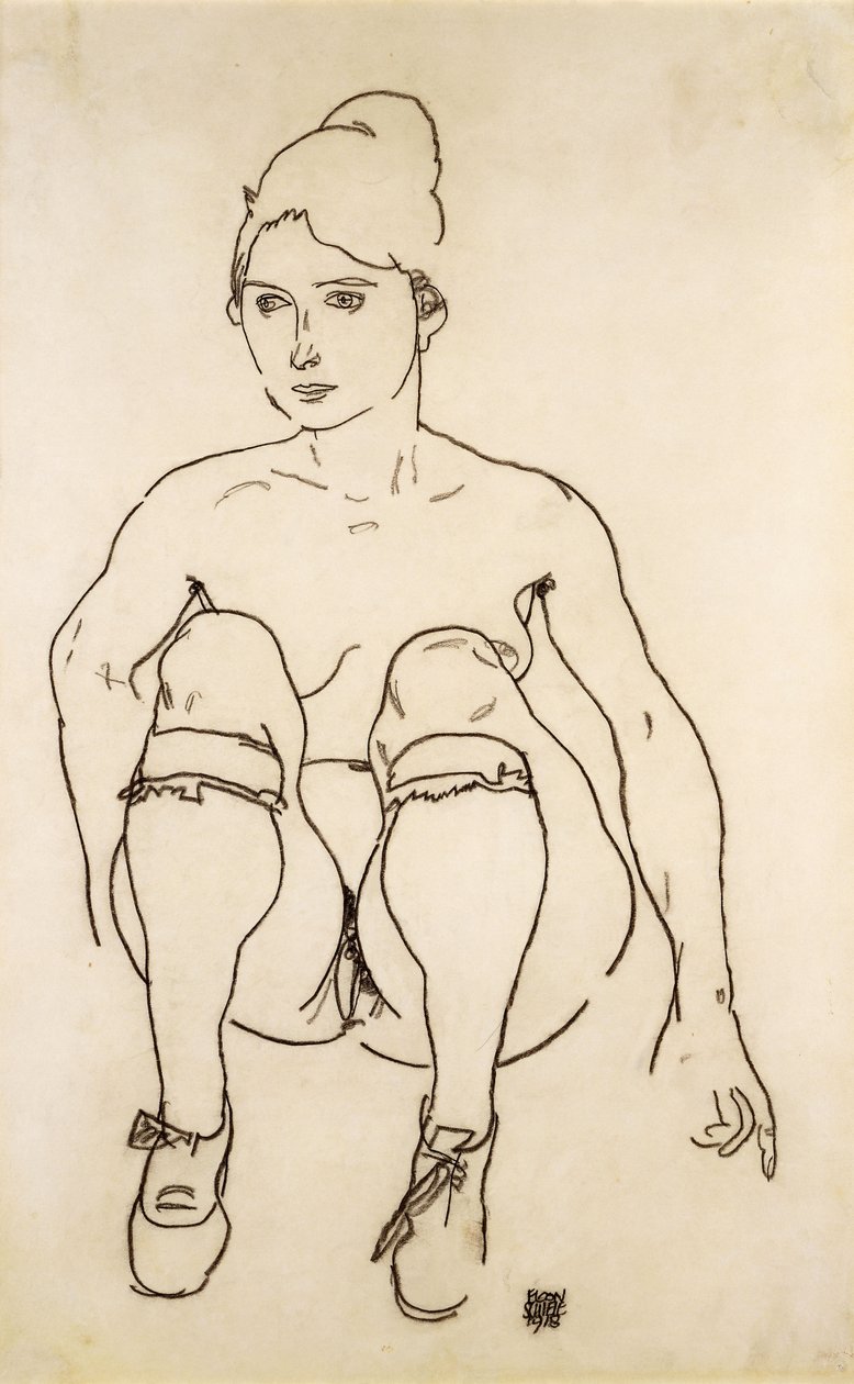 Sedící akt s botami a punčoškami; Sedící akt s botami a punčochami, 1918 od Egon Schiele