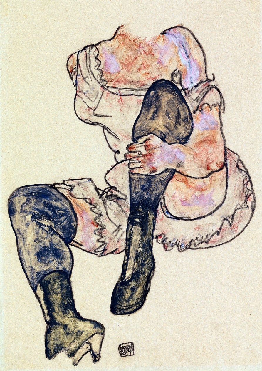 Sedící žena s ohnutou levou nohou (torso) par Schiele, Egon (1890-1918), c. 1917 - Kvaš a pastel na papíře, 43,2x29,9 - Soukromá sbírka od Egon Schiele