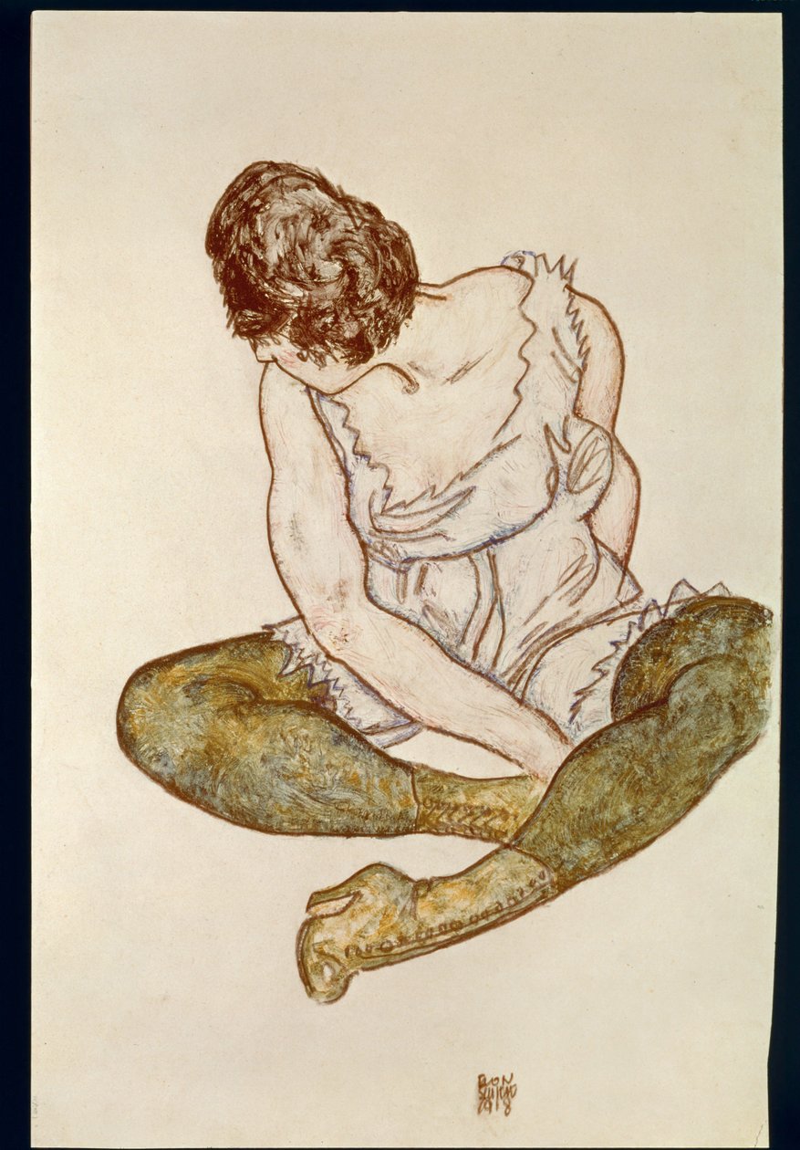 Sedící žena se zelenými punčochami ... (akvarel a černá pastelka) od Egon Schiele