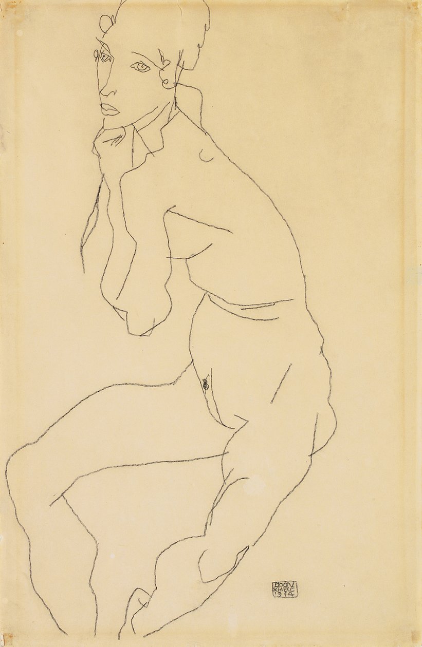 Sedící ženský akt s rukou na bradě, 1914 od Egon Schiele