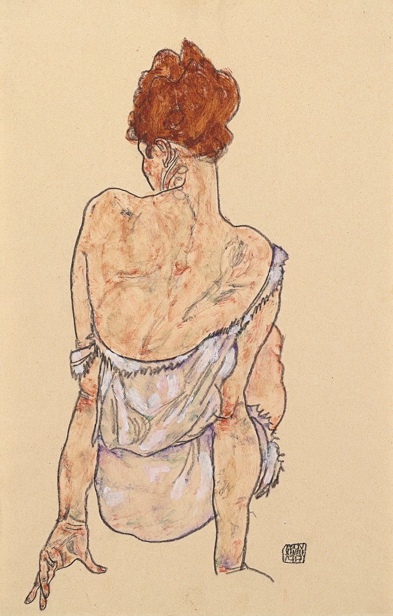 Sedící žena ve spodním prádle, pohled zezadu, 1917 od Egon Schiele