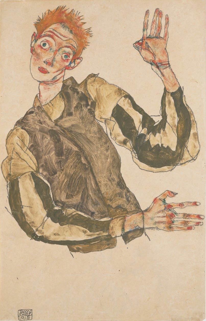 Autoportrét s pruhovanými chrániči rukávů od Egon Schiele