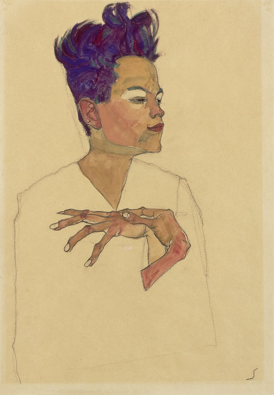 Autoportrét s rukama na hrudi, 1910 od Egon Schiele
