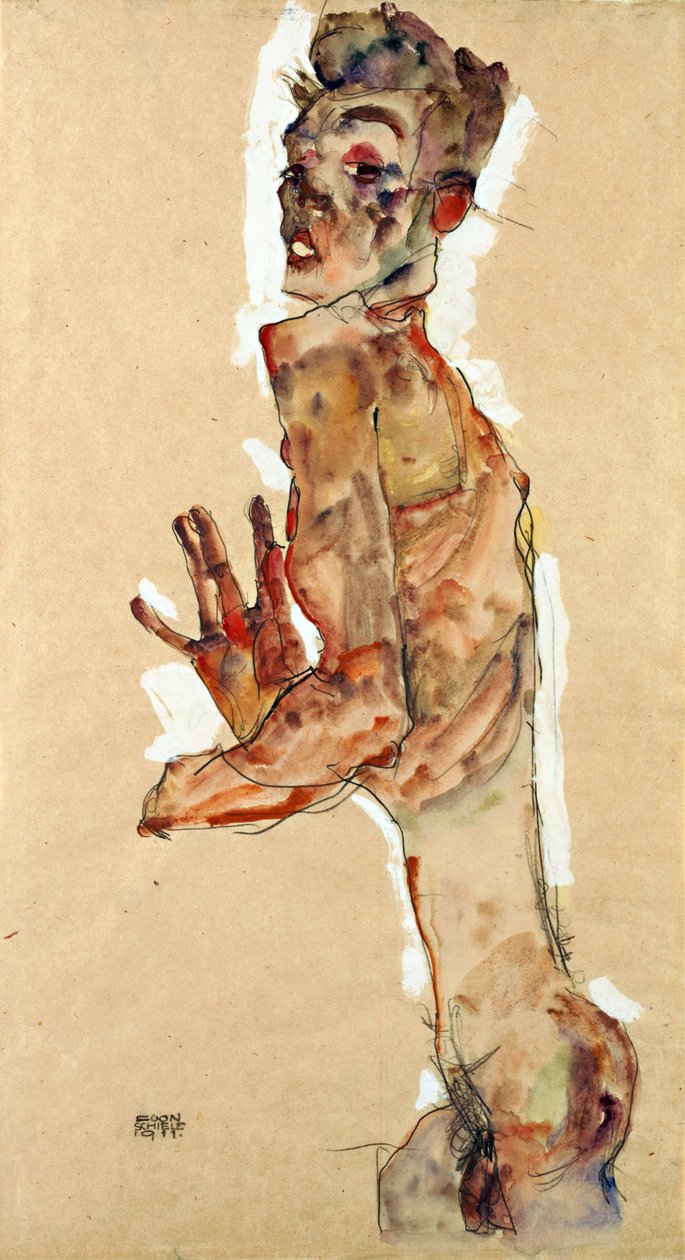 Autoportrét s roztaženými prsty - Schiele, Egon (1890-1918) - 1911 - Černá křída, kvaš na papíře - 52,5x28 - Leopold Museum, Vídeň od Egon Schiele