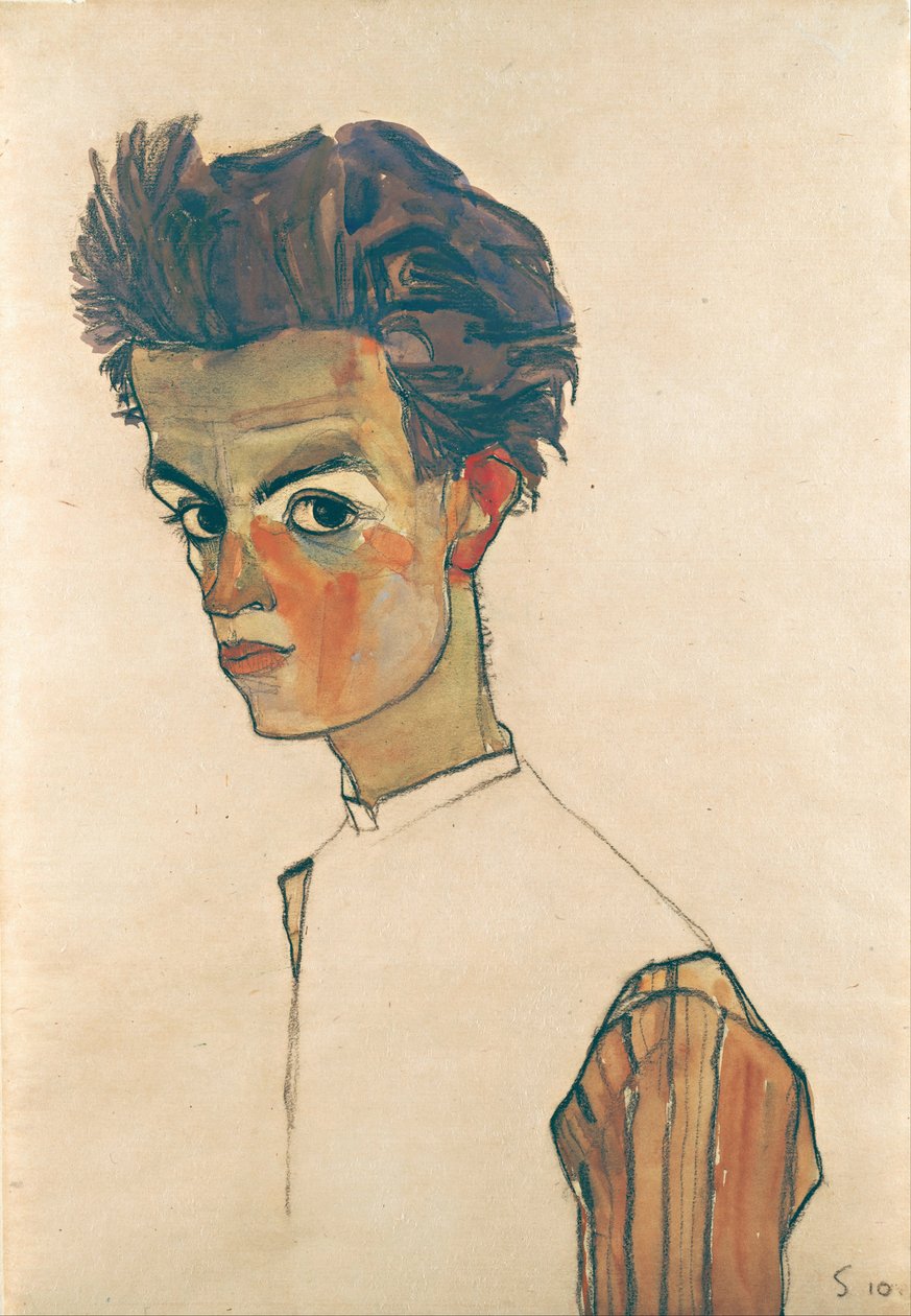 Autoportrét s pruhovanou košilí, 1910 (grafit a wc na papíře) od Egon Schiele