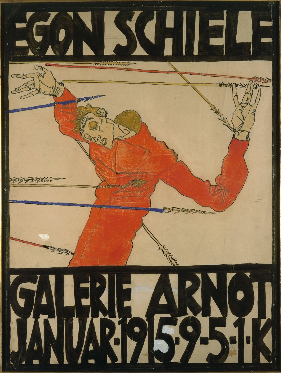 Autoportrét jako Saint Sebastian, návrh plakátu pro výstavu v Galerii Arnot, 1914 (kvaš, černá pastelka a inkoust na kartonu) od Egon Schiele