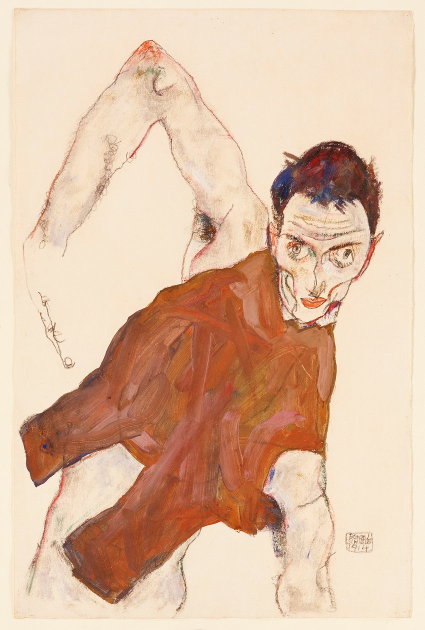 Autoportrét v kazajce se zdviženým pravým loktem, 1914 od Egon Schiele