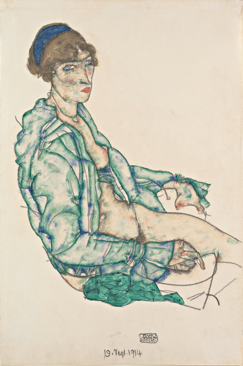 Sedící polonahý akt s modrou čelenkou od Egon Schiele