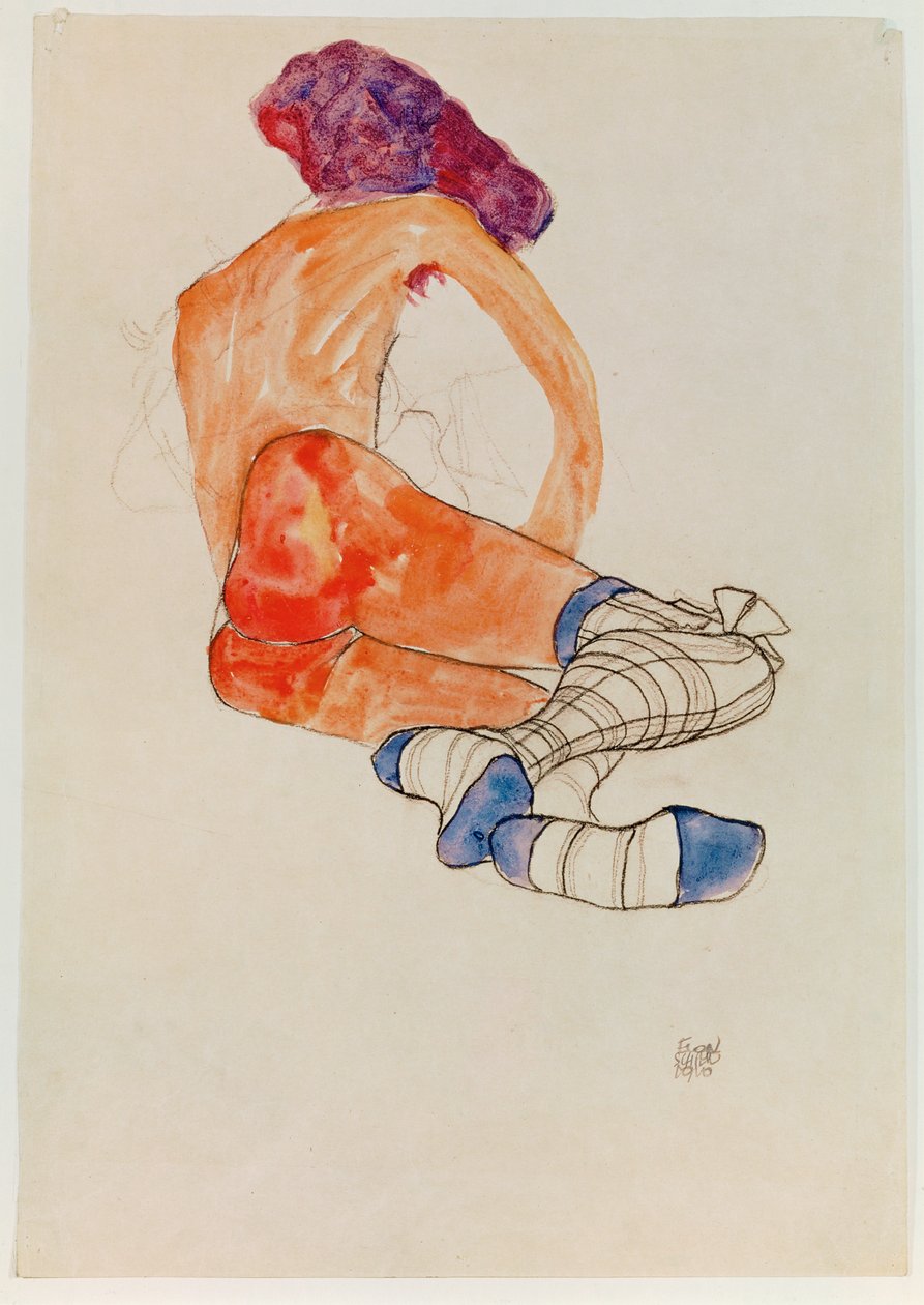 Sedící ženský akt s modrým podvazem, od ... (kvaš, akvarel a uhel) od Egon Schiele