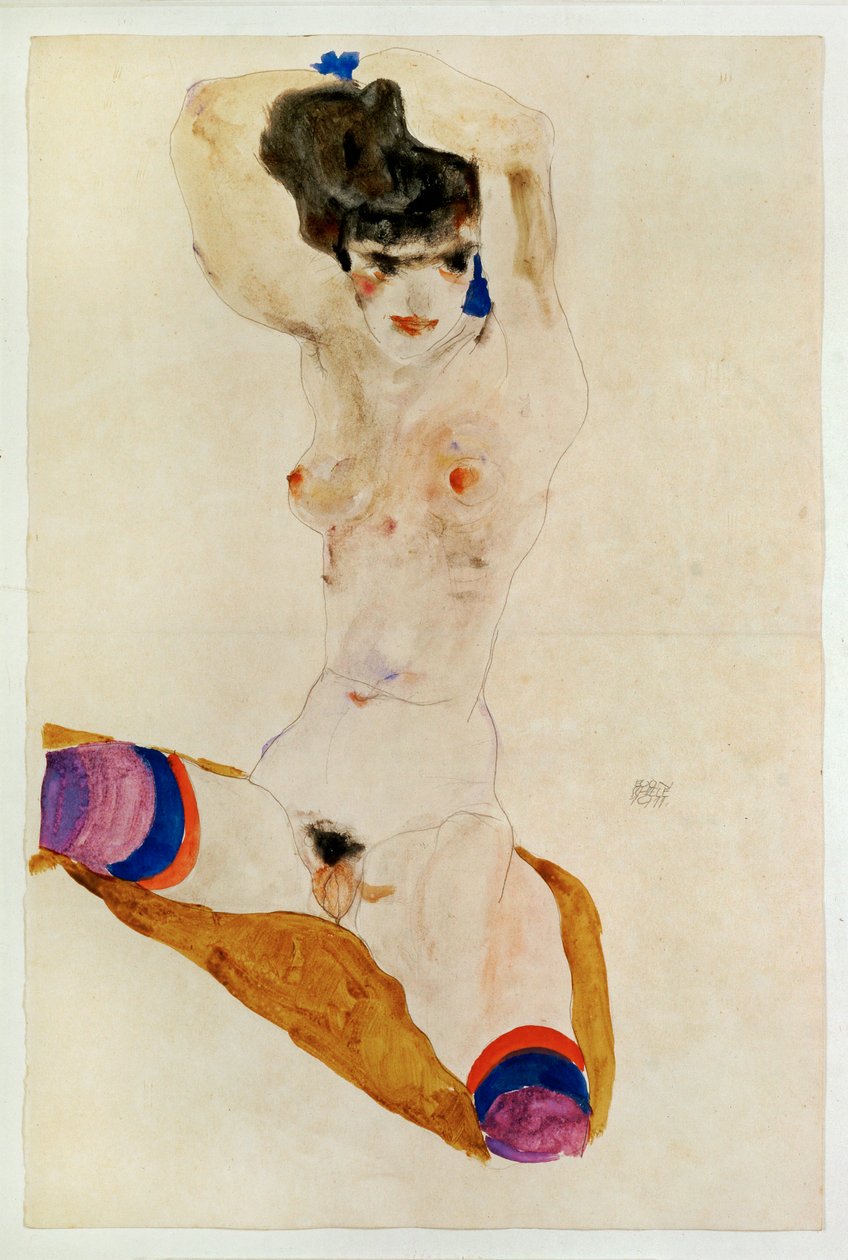 Sedící nahá dívka s hlavou nad hlavou ... (akvarel a tužka) od Egon Schiele
