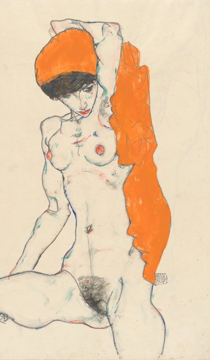 Stojící akt s oranžovými závěsy recto: Studie aktu se vztyčenými pažemi verso, 1914. od Egon Schiele