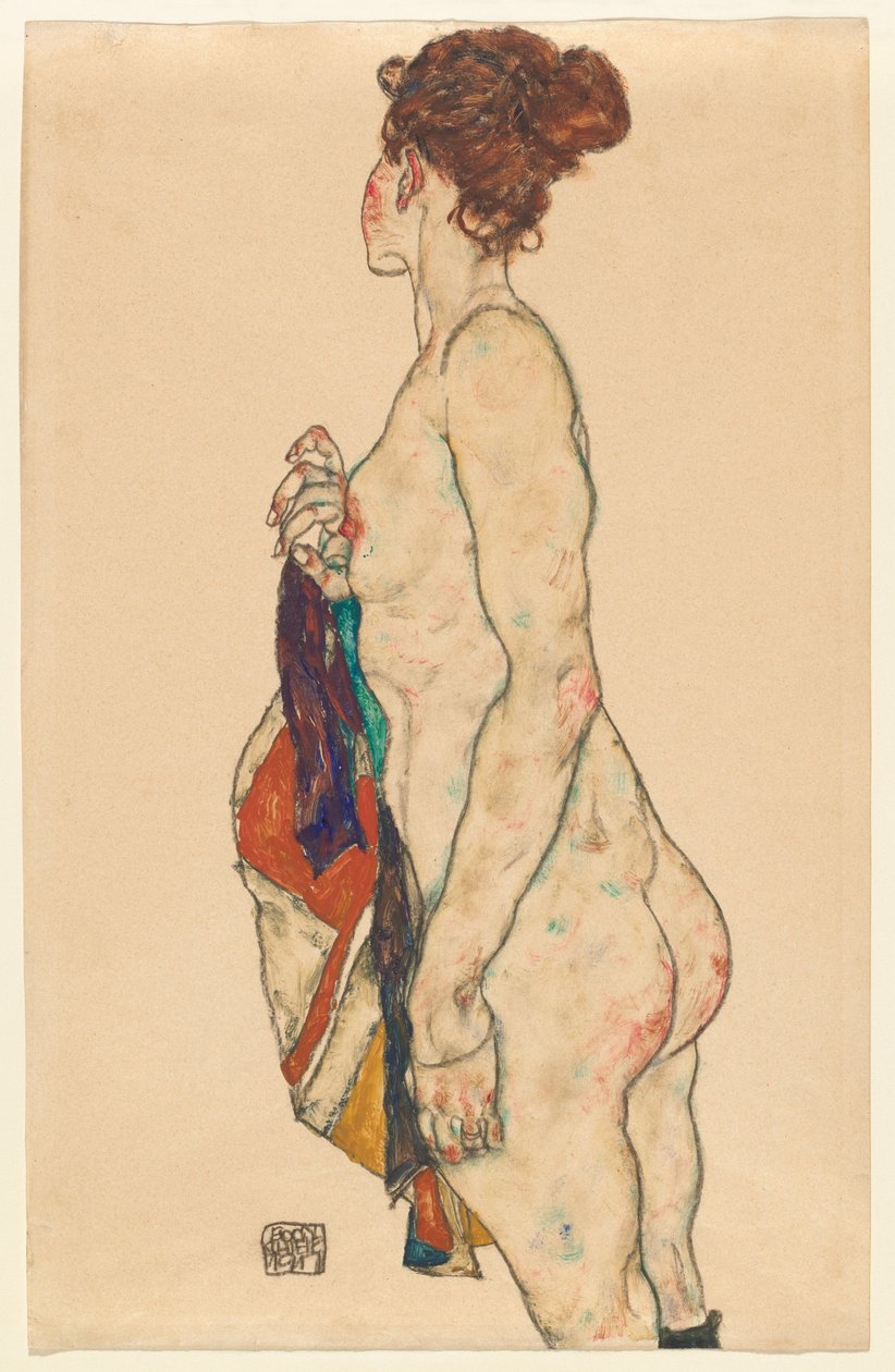 Stojící akt se vzorovaným županem od Egon Schiele