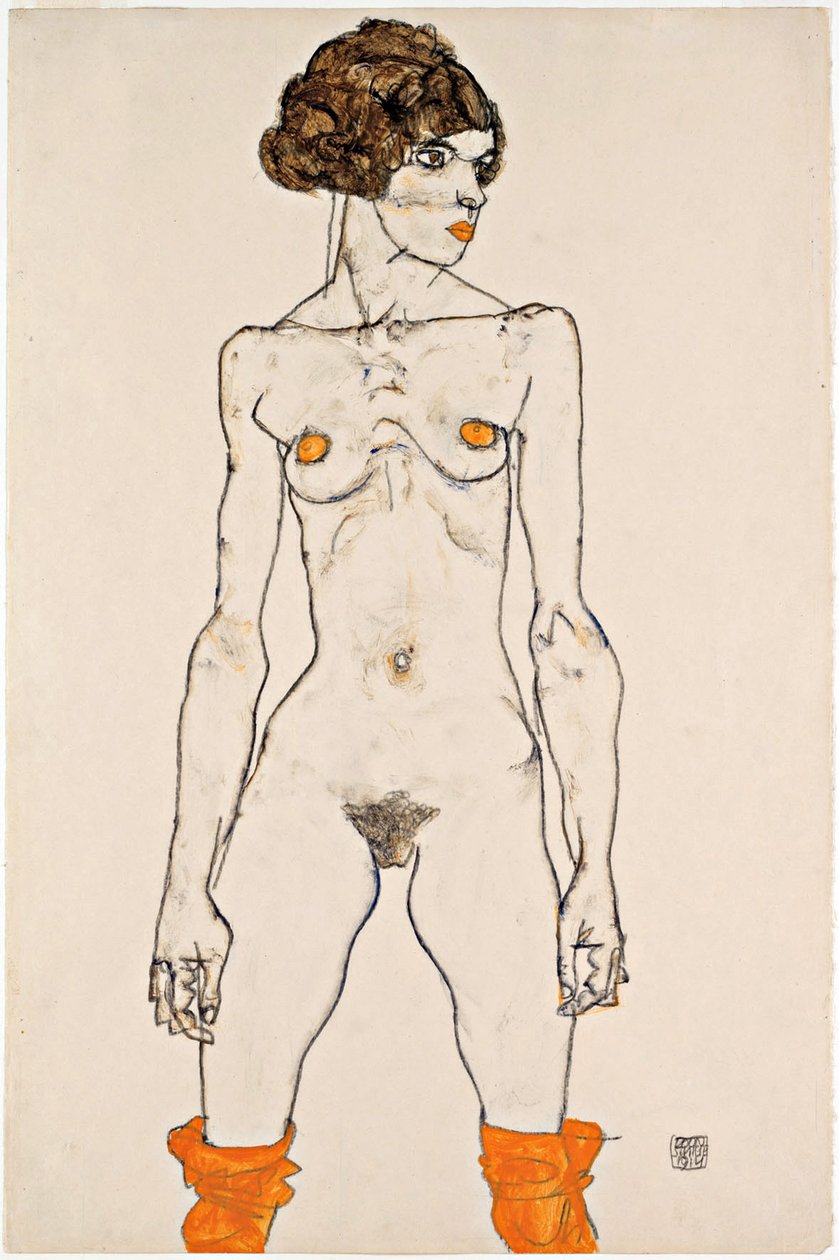 Stojící mladý ženský akt s oranžovými punčochami od Egon Schiele